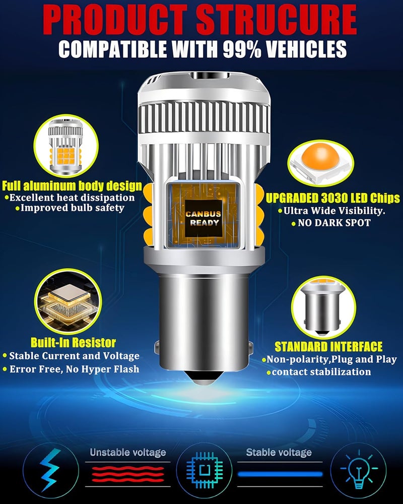 LEDYOTRY 1156 لمبات LED أمبر فائقة السطوع 4000LM ضوء إشارة الانعطاف مع مقاوم مدمج خالي من أخطاء CANBUS 7506 1156A 1003 1141 P21W BA15S لمبة للإشارة الأمامية والخلفية، مضادة للوميض المفرط (عبوة من 2) - Image 2